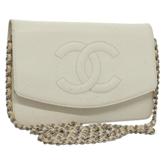 CHANEL COCO Mark Chain Wallet Grained Calf Skin White CC Auth 132293 - Picture 1 of 16